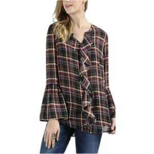 Suzanne Betro Women Plus Blouse with Bell Sleeves Ruffles Plaid Plus Size 1X XL